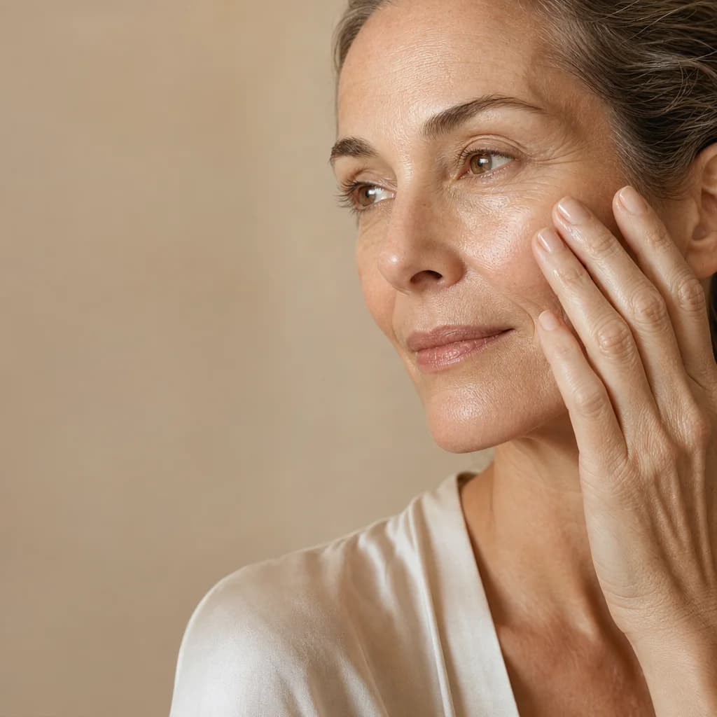 A woman pressing a lightweight serum into the skin of her cheek and outer eye area